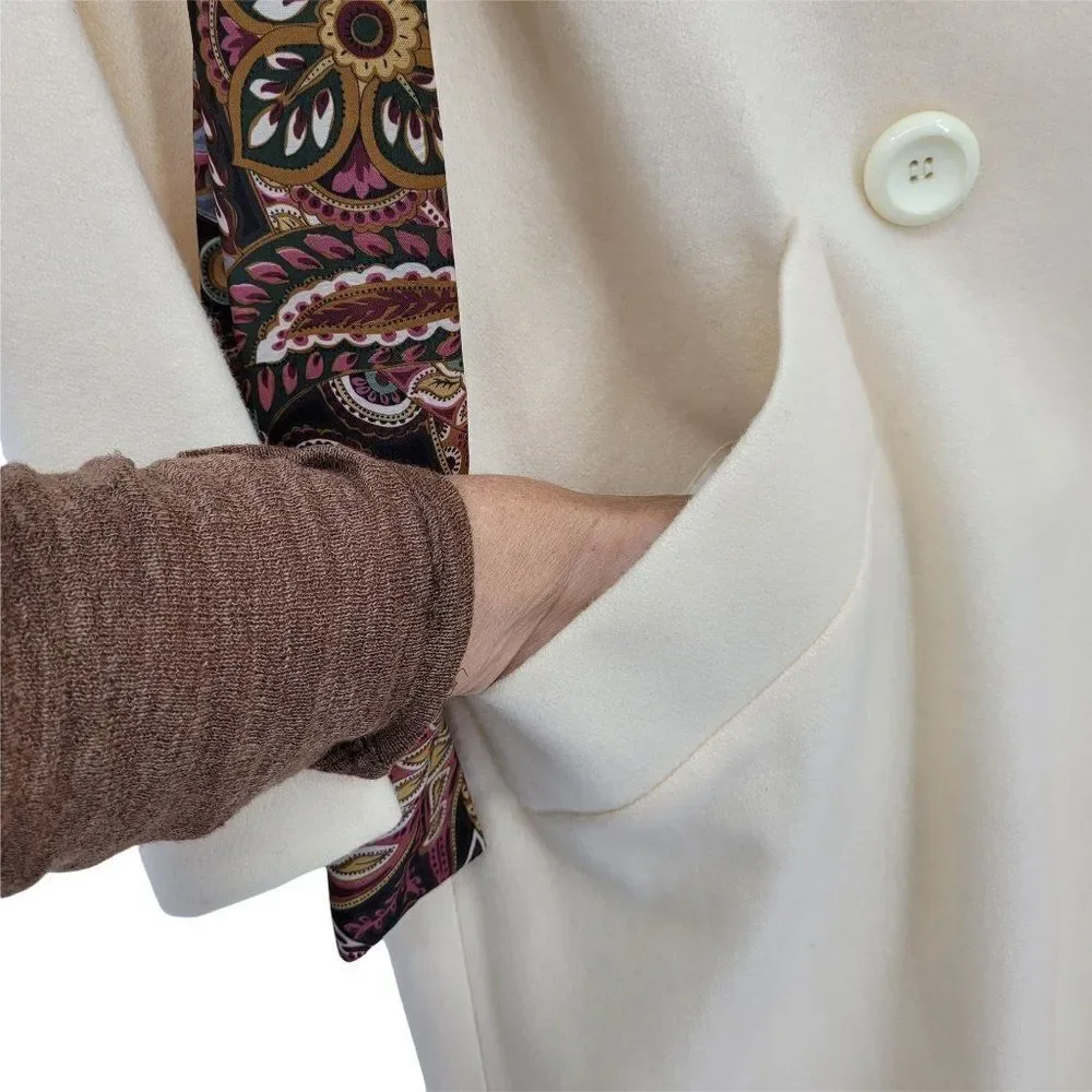 Vintage Wool Coat Long Double Breasted Trench Notched Lapel Vanilla Sz 12‎